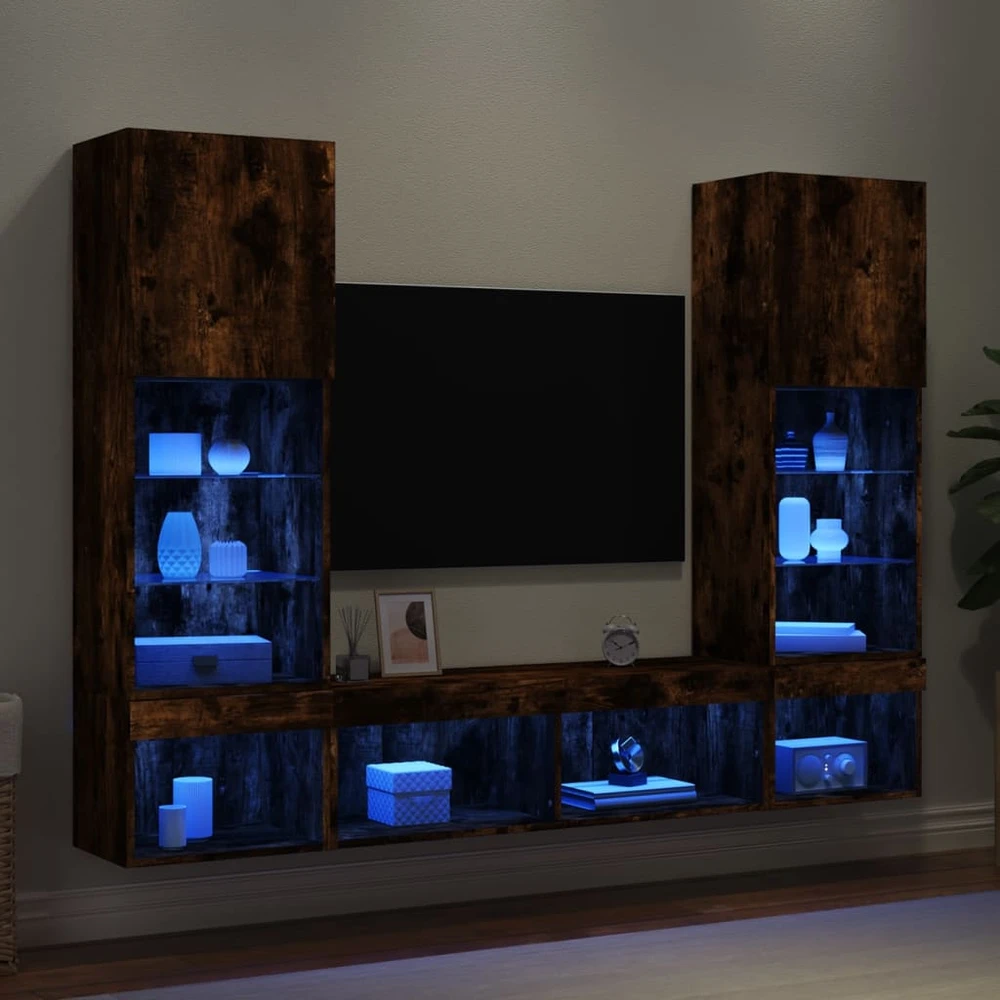 TV staliukas Sieninė TV sekcija su LED, 5 dalių, dūminio ąžuolo, mediena