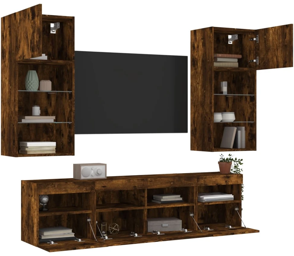 TV staliukas Sieninė TV sekcija su LED, 5 dalių, dūminio ąžuolo, mediena