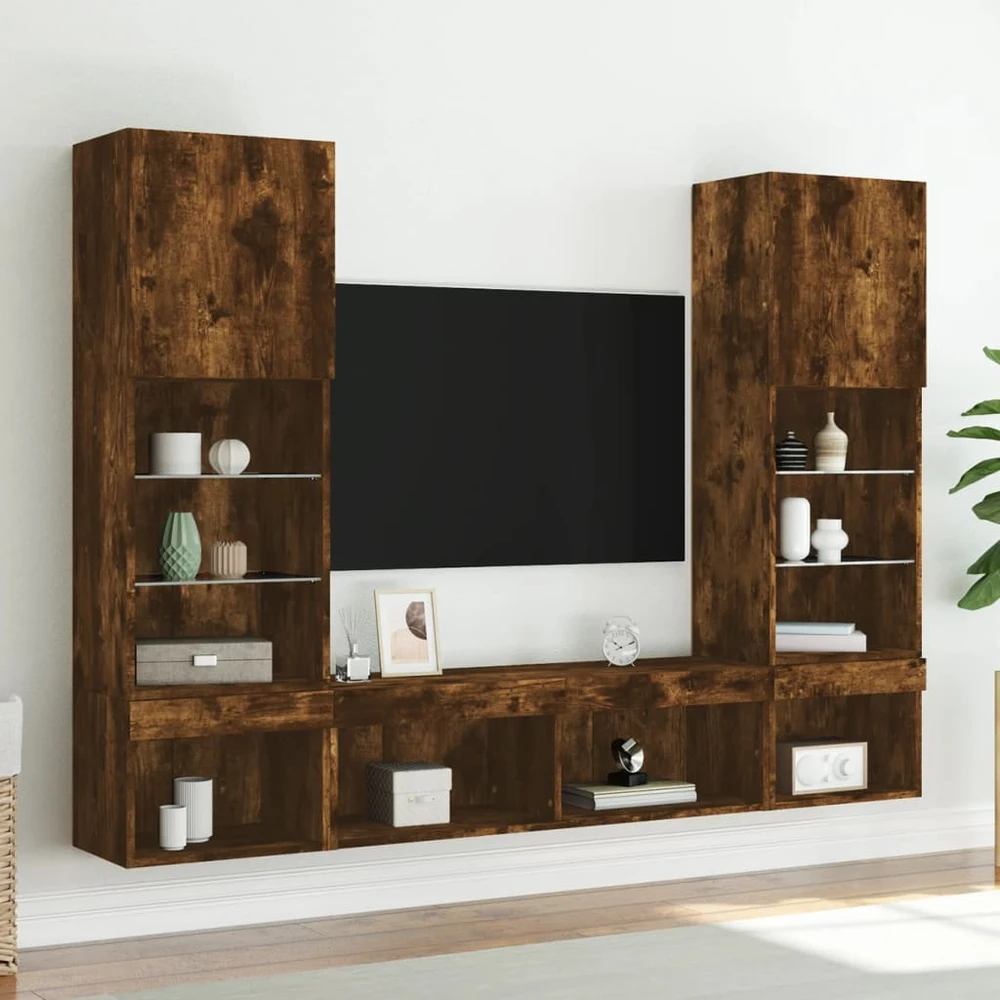 TV staliukas Sieninė TV sekcija su LED, 5 dalių, dūminio ąžuolo, mediena