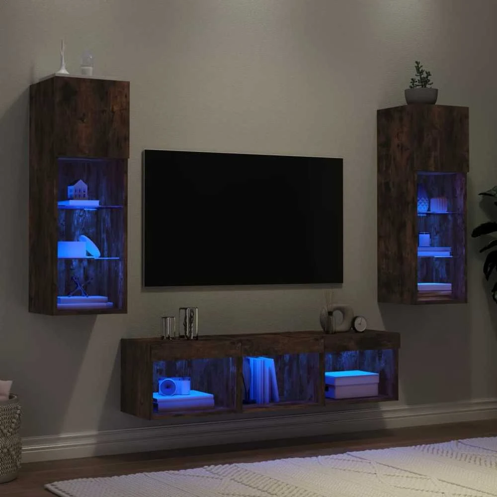 TV staliukas Sieninė TV sekcija su LED, 5 dalių, dūminio ąžuolo, mediena