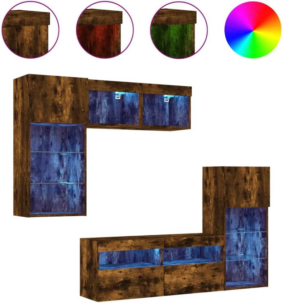 TV staliukas Sieninė TV sekcija su LED, 5 dalių, dūminio ąžuolo, mediena