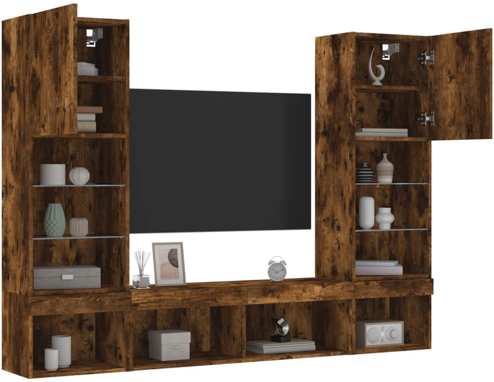 TV staliukas Sieninė TV sekcija su LED, 5 dalių, dūminio ąžuolo, mediena