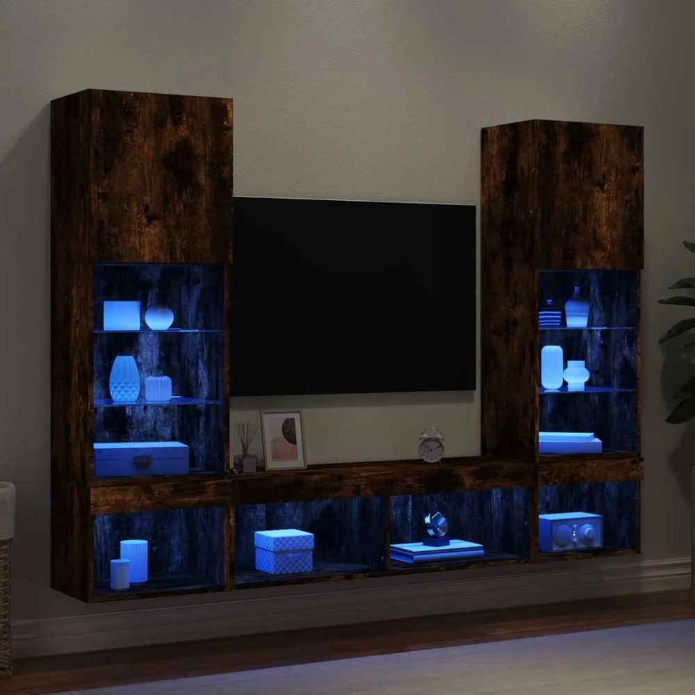 TV staliukas Sieninė TV sekcija su LED, 5 dalių, dūminio ąžuolo, mediena
