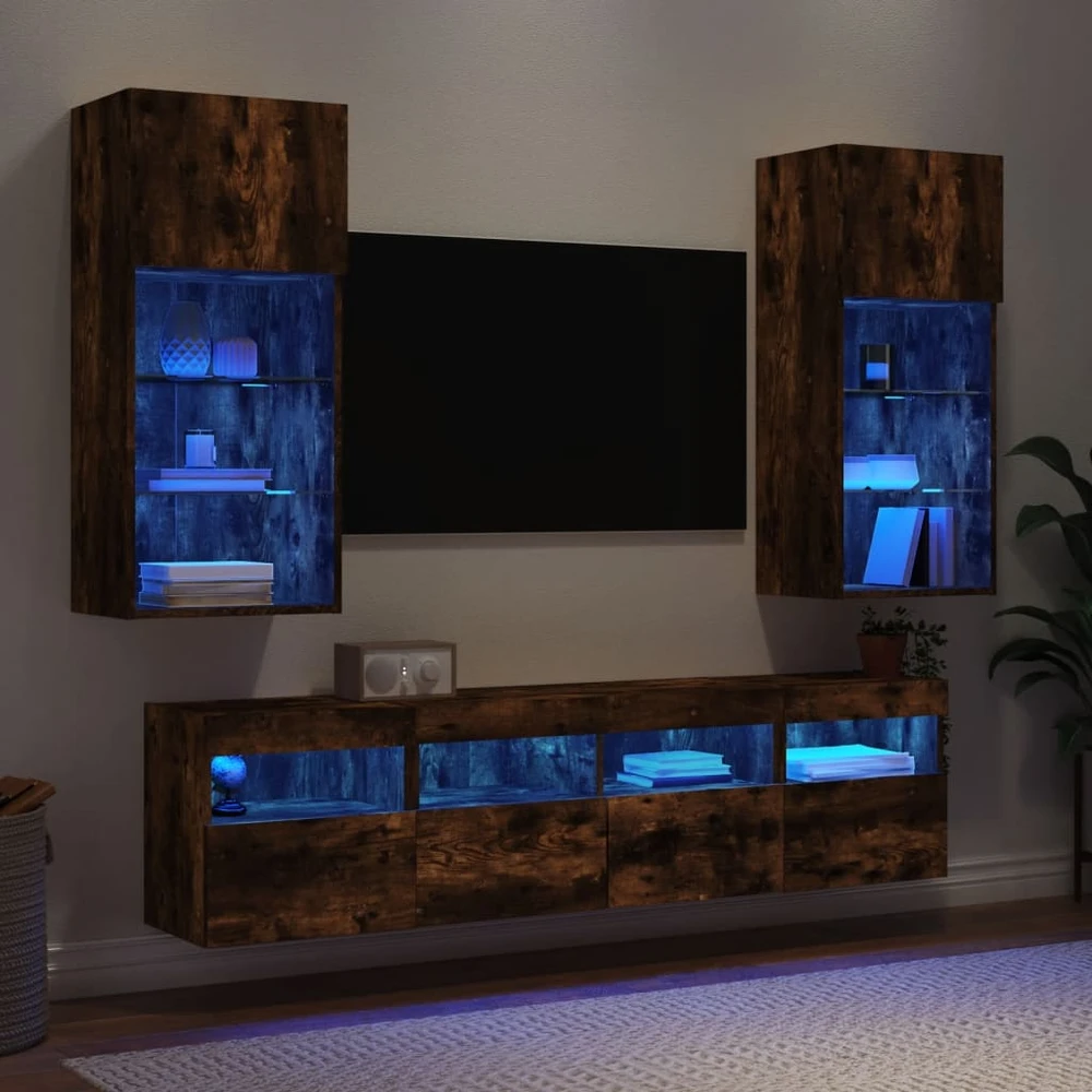 TV staliukas Sieninė TV sekcija su LED, 5 dalių, dūminio ąžuolo, mediena