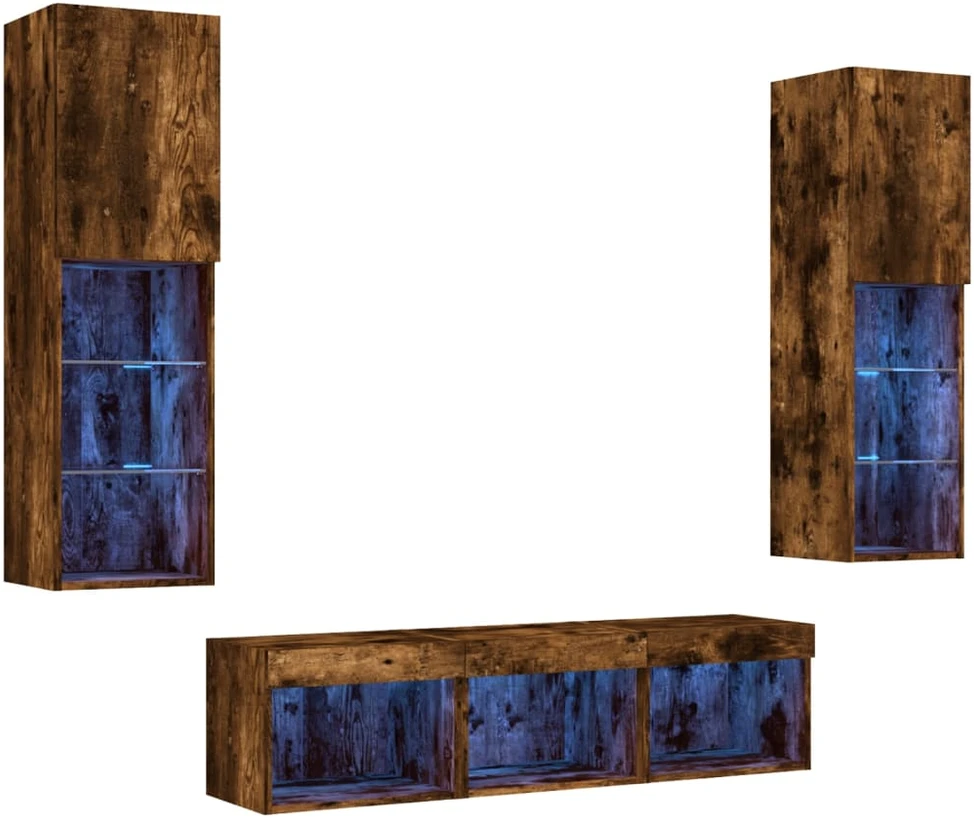 TV staliukas Sieninė TV sekcija su LED, 5 dalių, dūminio ąžuolo, mediena