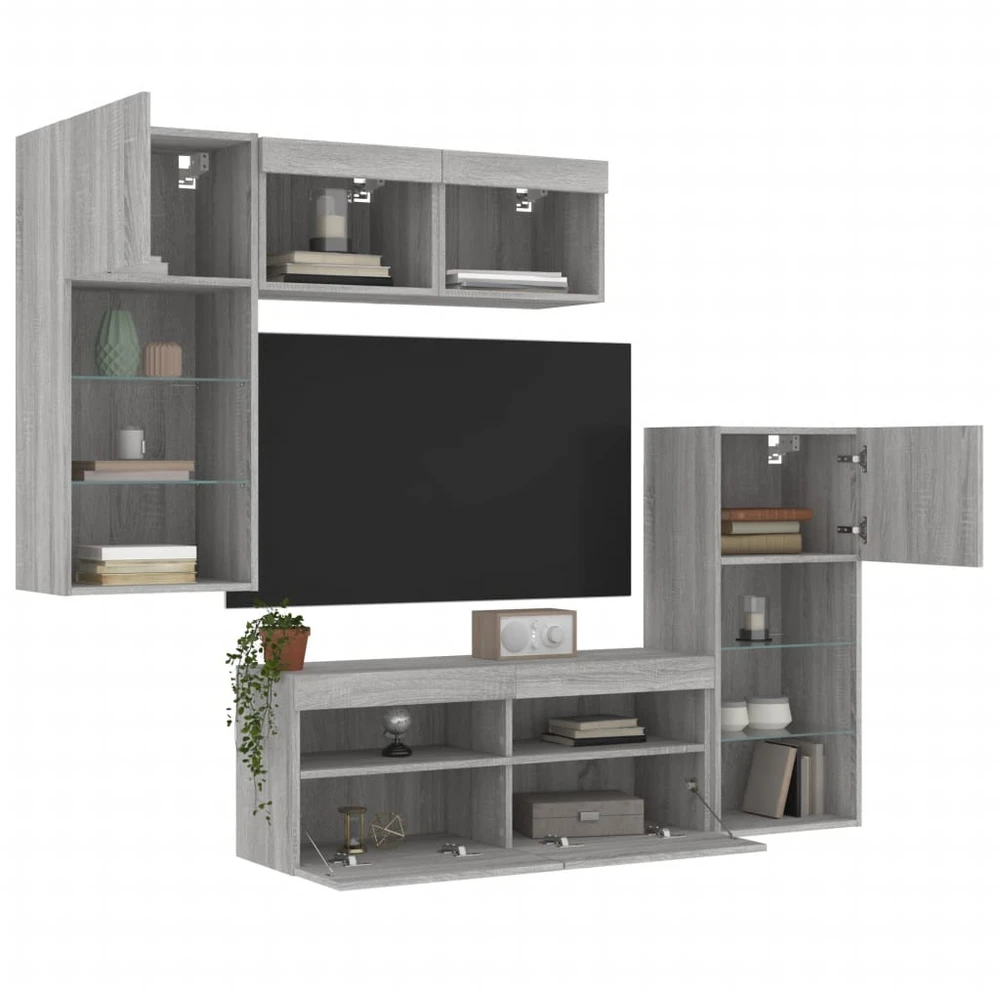 TV staliukas Sieninė TV sekcija su LED, 5 dalių, pilka ąžuolo, mediena