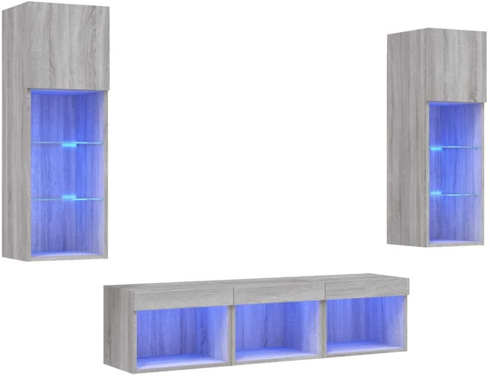 TV staliukas Sieninė TV sekcija su LED, 5 dalių, pilka ąžuolo, mediena