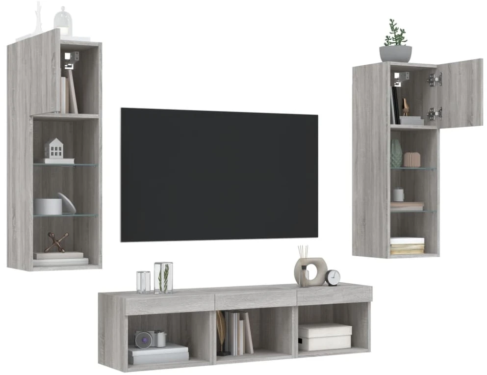 TV staliukas Sieninė TV sekcija su LED, 5 dalių, pilka ąžuolo, mediena