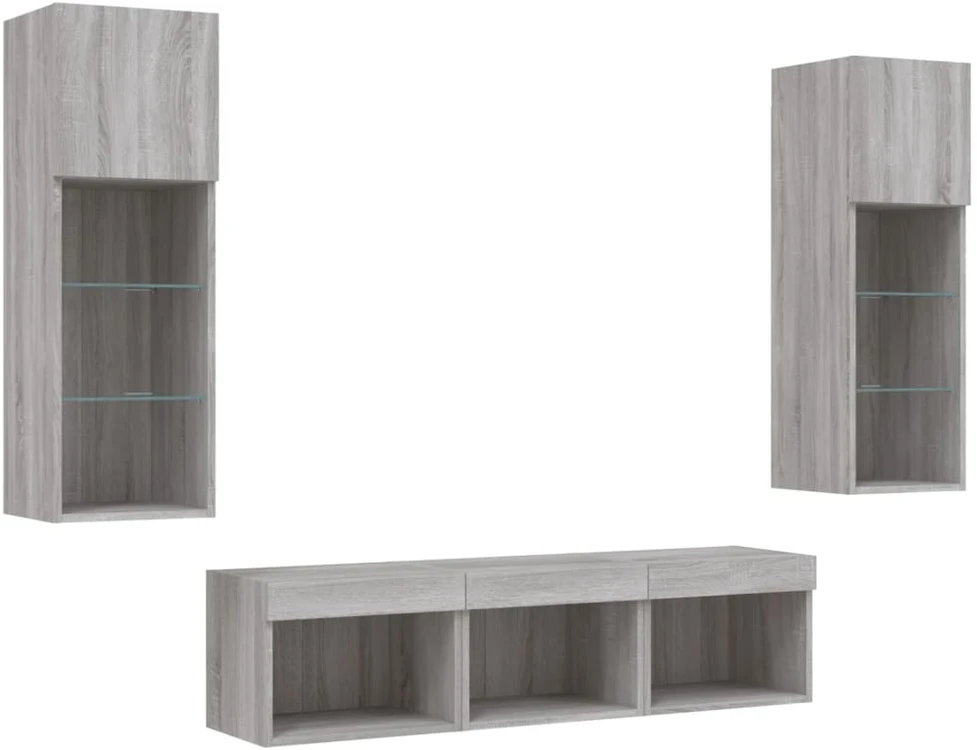 TV staliukas Sieninė TV sekcija su LED, 5 dalių, pilka ąžuolo, mediena
