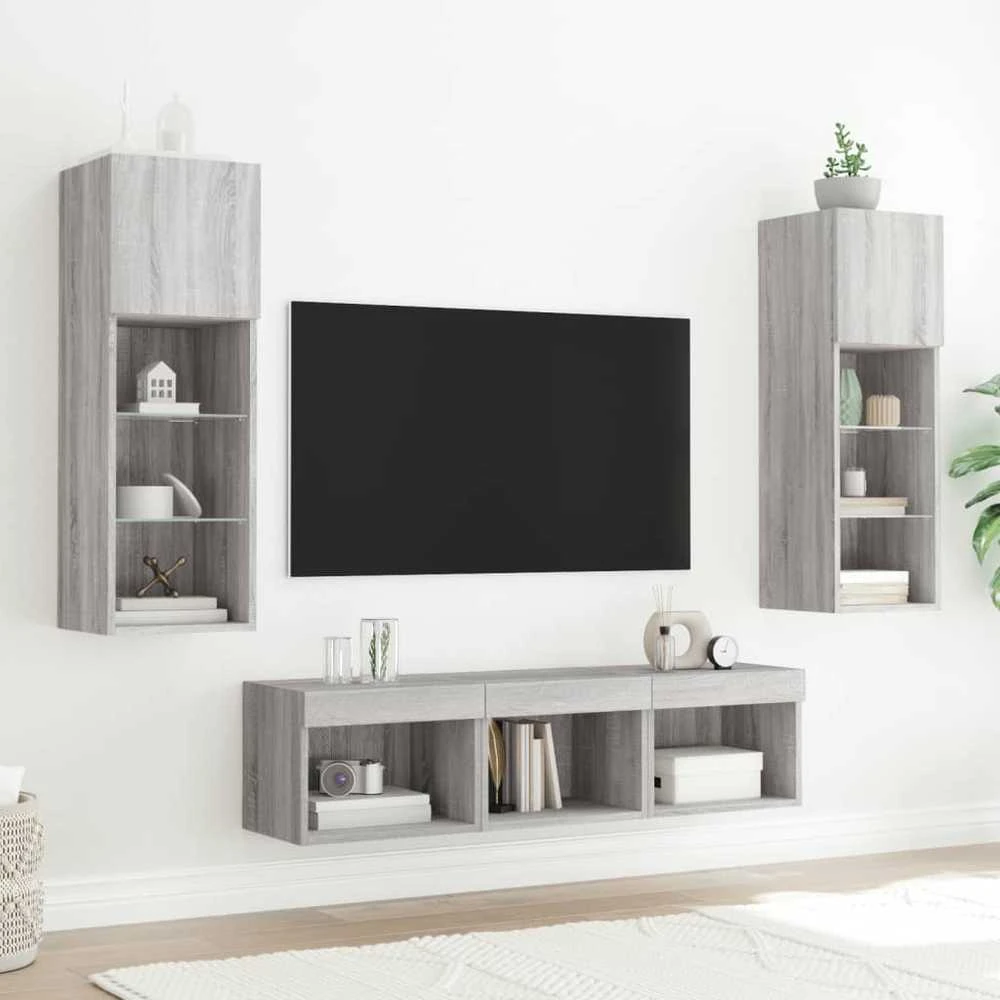 TV staliukas Sieninė TV sekcija su LED, 5 dalių, pilka ąžuolo, mediena