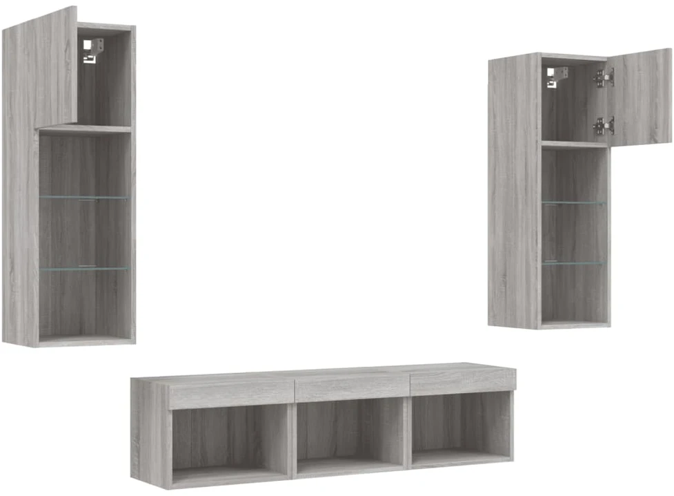 TV staliukas Sieninė TV sekcija su LED, 5 dalių, pilka ąžuolo, mediena