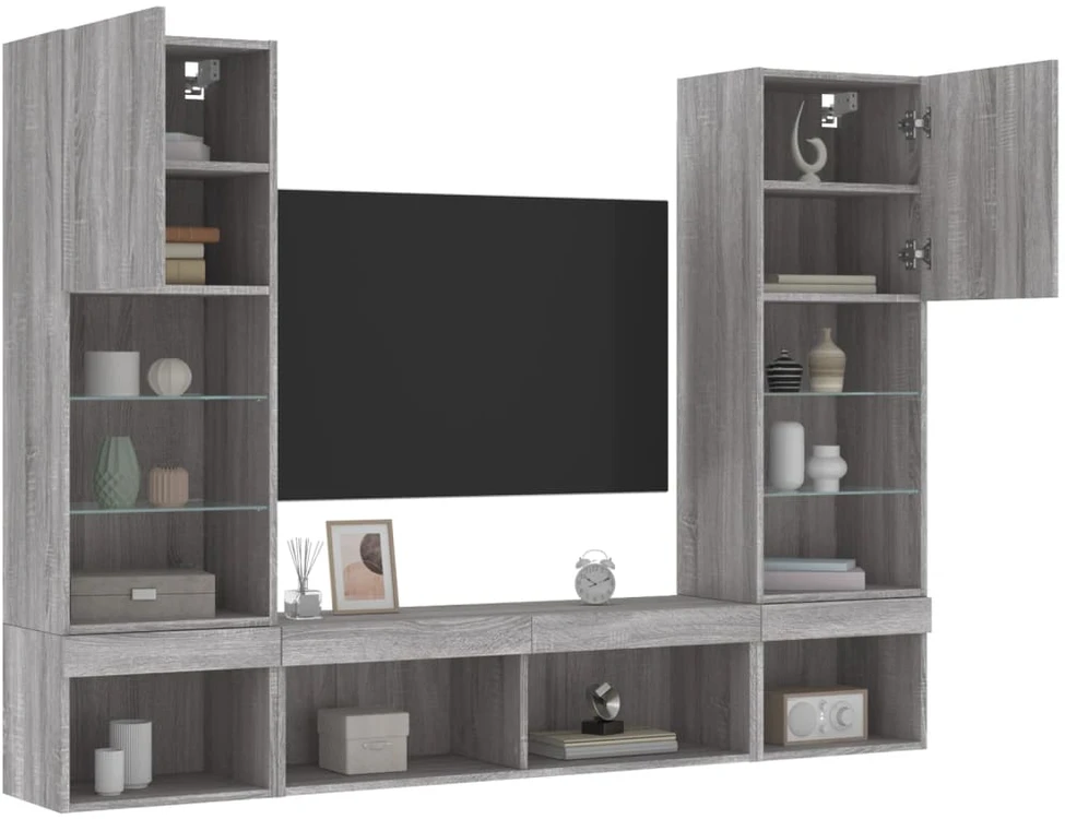 TV staliukas Sieninė TV sekcija su LED, 5 dalių, pilka ąžuolo, mediena