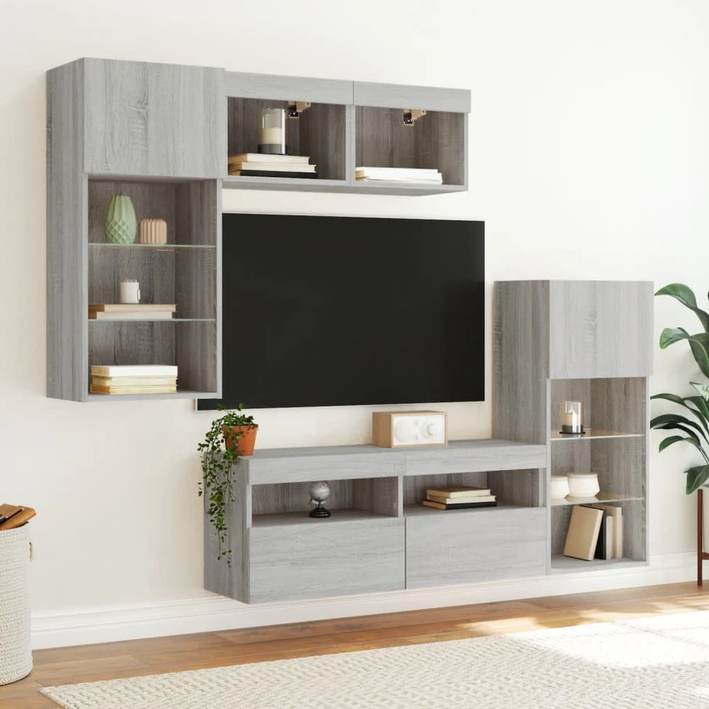TV staliukas Sieninė TV sekcija su LED, 5 dalių, pilka ąžuolo, mediena