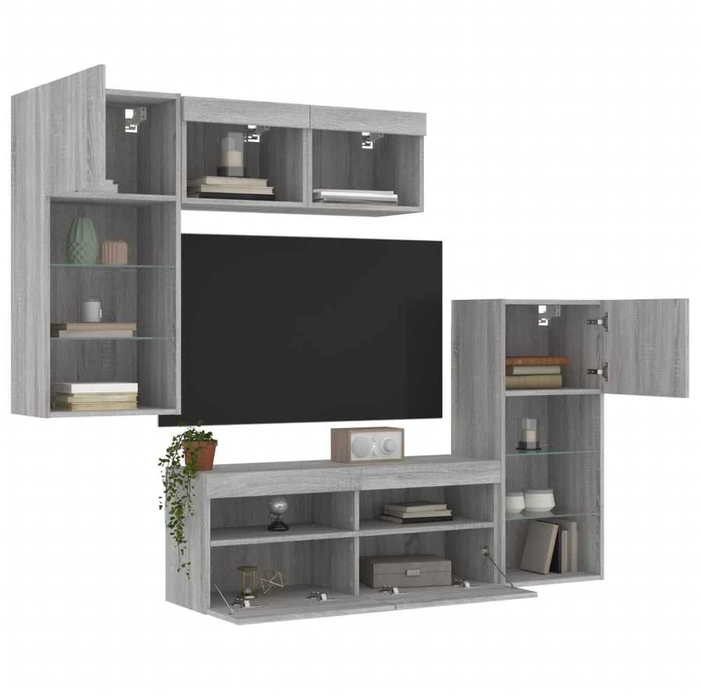 TV staliukas Sieninė TV sekcija su LED, 5 dalių, pilka ąžuolo, mediena