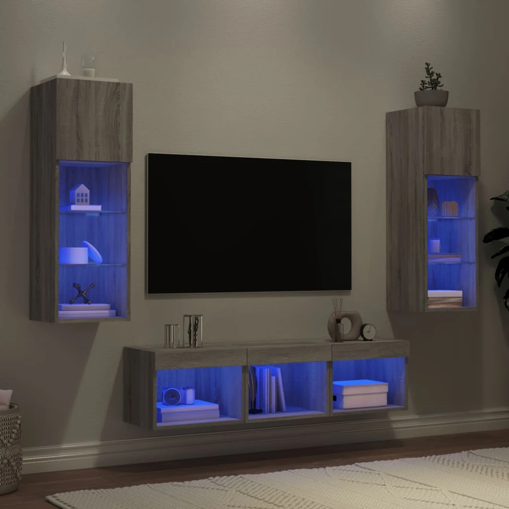TV staliukas Sieninė TV sekcija su LED, 5 dalių, pilka ąžuolo, mediena