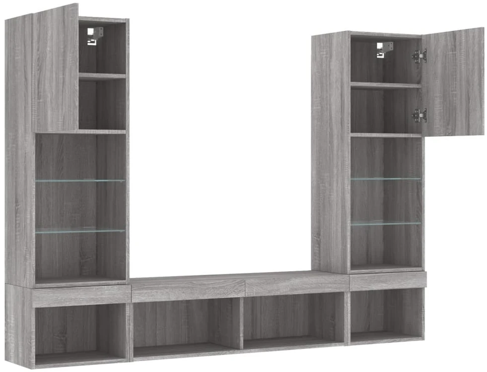 TV staliukas Sieninė TV sekcija su LED, 5 dalių, pilka ąžuolo, mediena