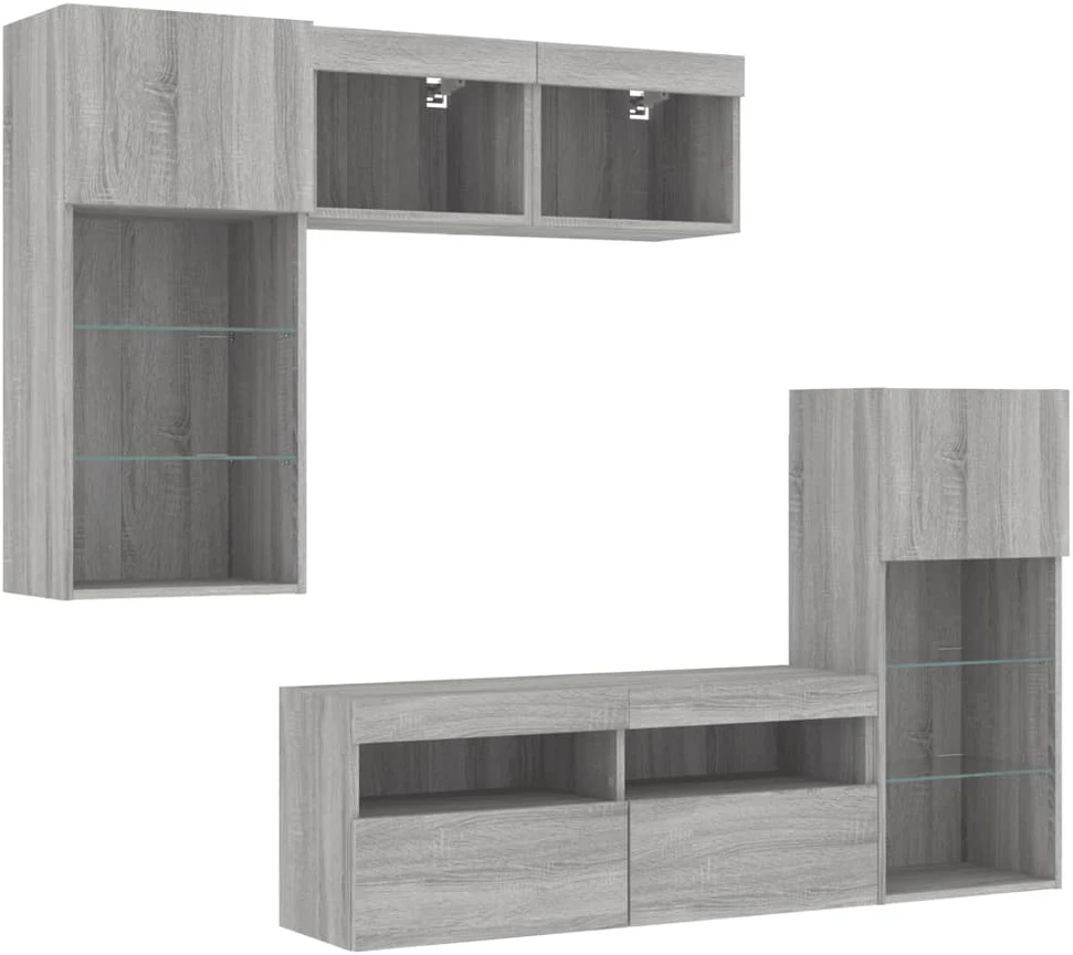 TV staliukas Sieninė TV sekcija su LED, 5 dalių, pilka ąžuolo, mediena