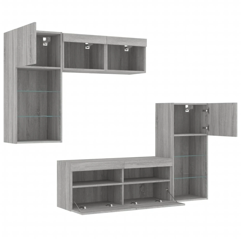 TV staliukas Sieninė TV sekcija su LED, 5 dalių, pilka ąžuolo, mediena