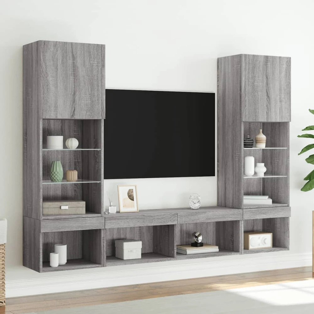 TV staliukas Sieninė TV sekcija su LED, 5 dalių, pilka ąžuolo, mediena