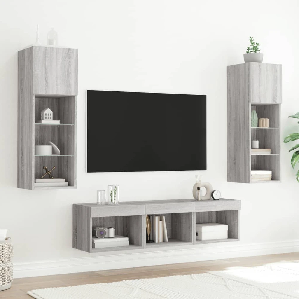 TV staliukas Sieninė TV sekcija su LED, 5 dalių, pilka ąžuolo, mediena
