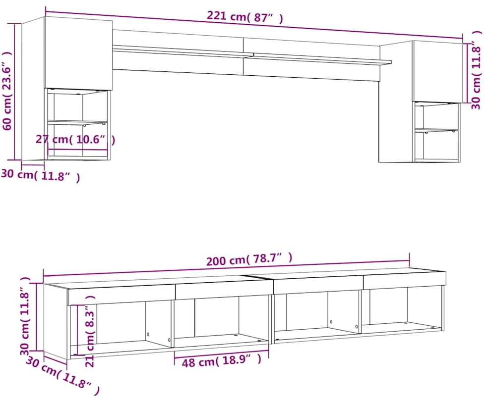 TV staliukas Sieninė TV sekcija su LED, 6 dalių, ąžuolo, apdirbta mediena