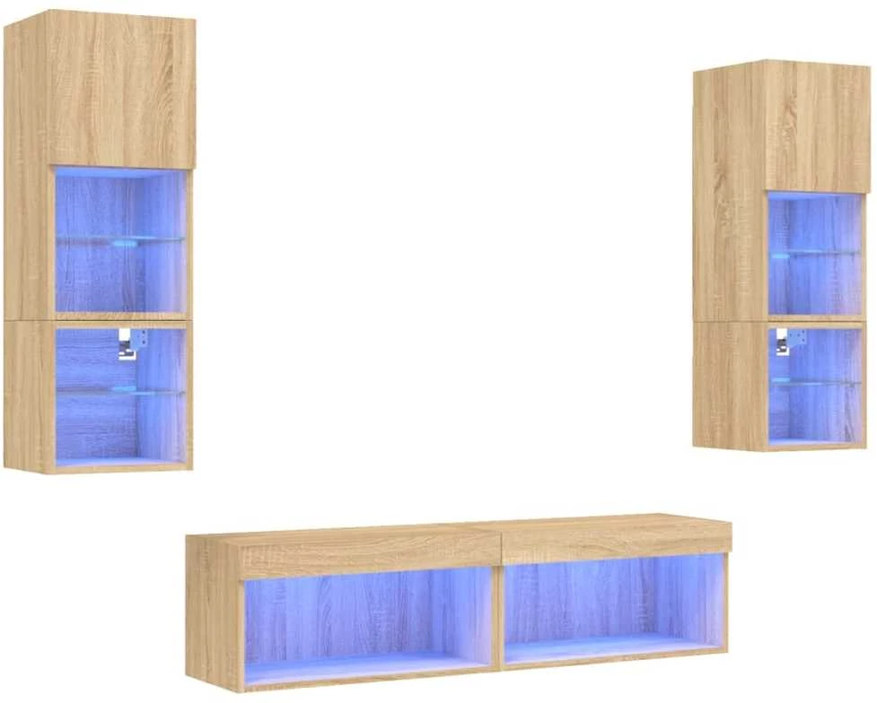 TV staliukas Sieninė TV sekcija su LED, 6 dalių, ąžuolo, apdirbta mediena