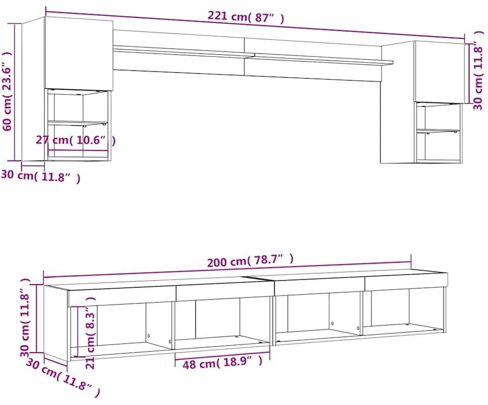 TV staliukas Sieninė TV sekcija su LED, 6 dalių, balta, apdirbta mediena