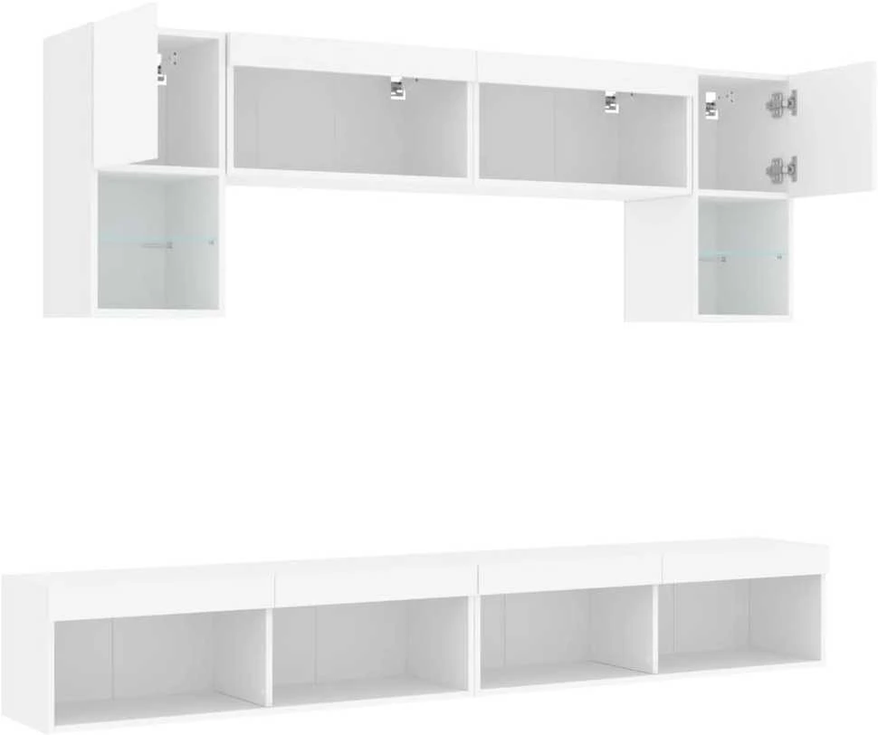 TV staliukas Sieninė TV sekcija su LED, 6 dalių, balta, apdirbta mediena