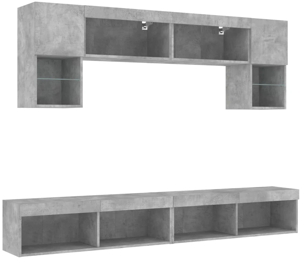 TV staliukas Sieninė TV sekcija su LED, 6 dalių, betono, apdirbta mediena