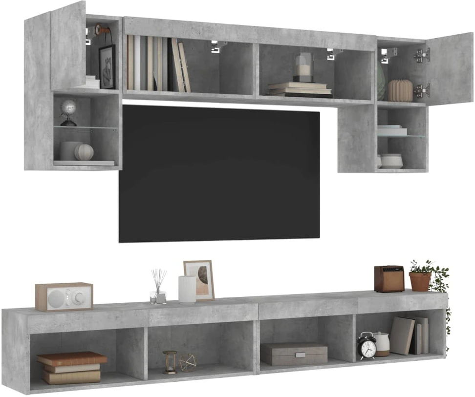 TV staliukas Sieninė TV sekcija su LED, 6 dalių, betono, apdirbta mediena