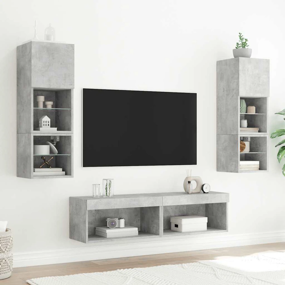 TV staliukas Sieninė TV sekcija su LED, 6 dalių, betono, apdirbta mediena