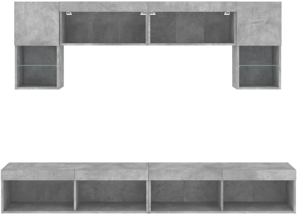 TV staliukas Sieninė TV sekcija su LED, 6 dalių, betono, apdirbta mediena