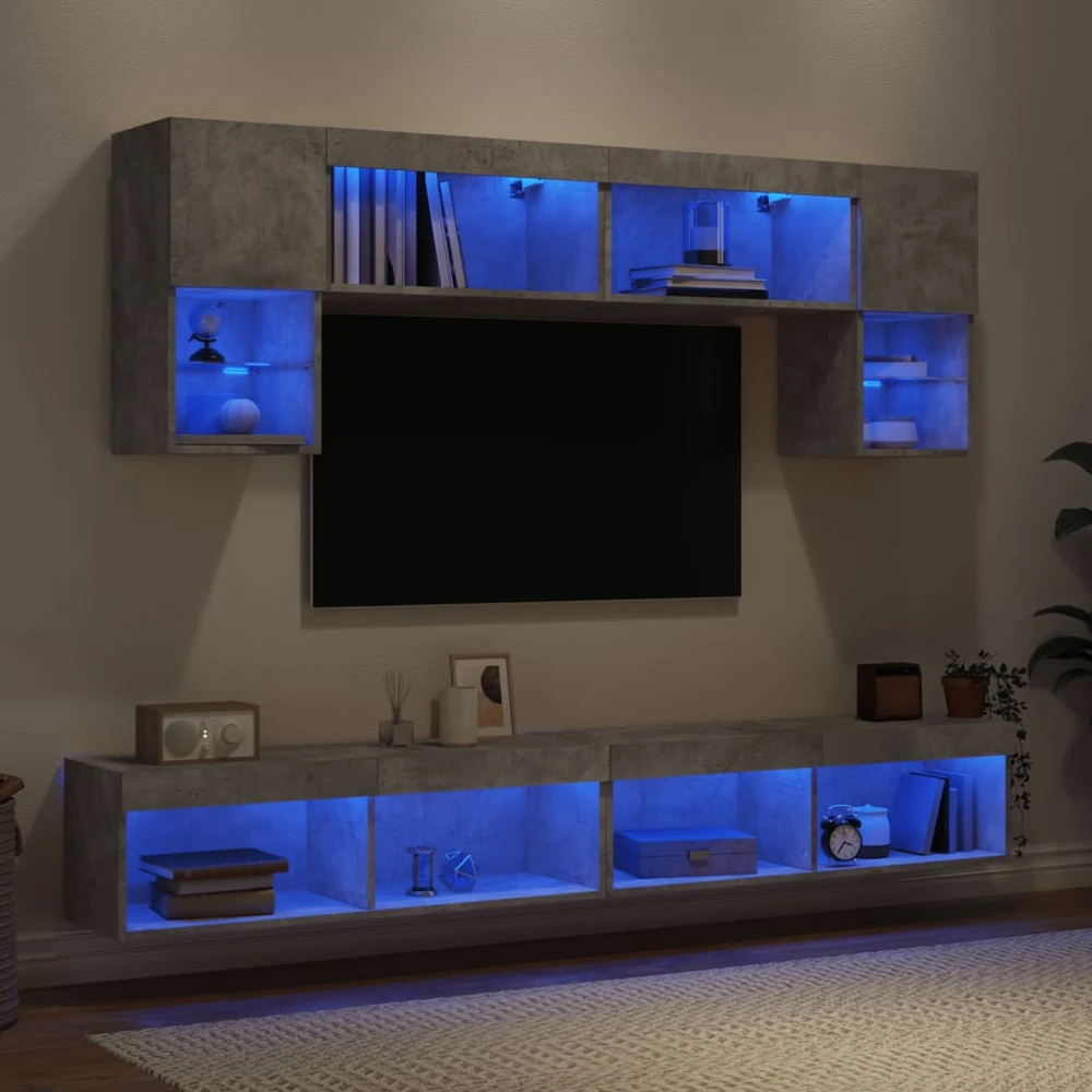 TV staliukas Sieninė TV sekcija su LED, 6 dalių, betono, apdirbta mediena