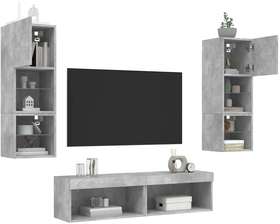 TV staliukas Sieninė TV sekcija su LED, 6 dalių, betono, apdirbta mediena