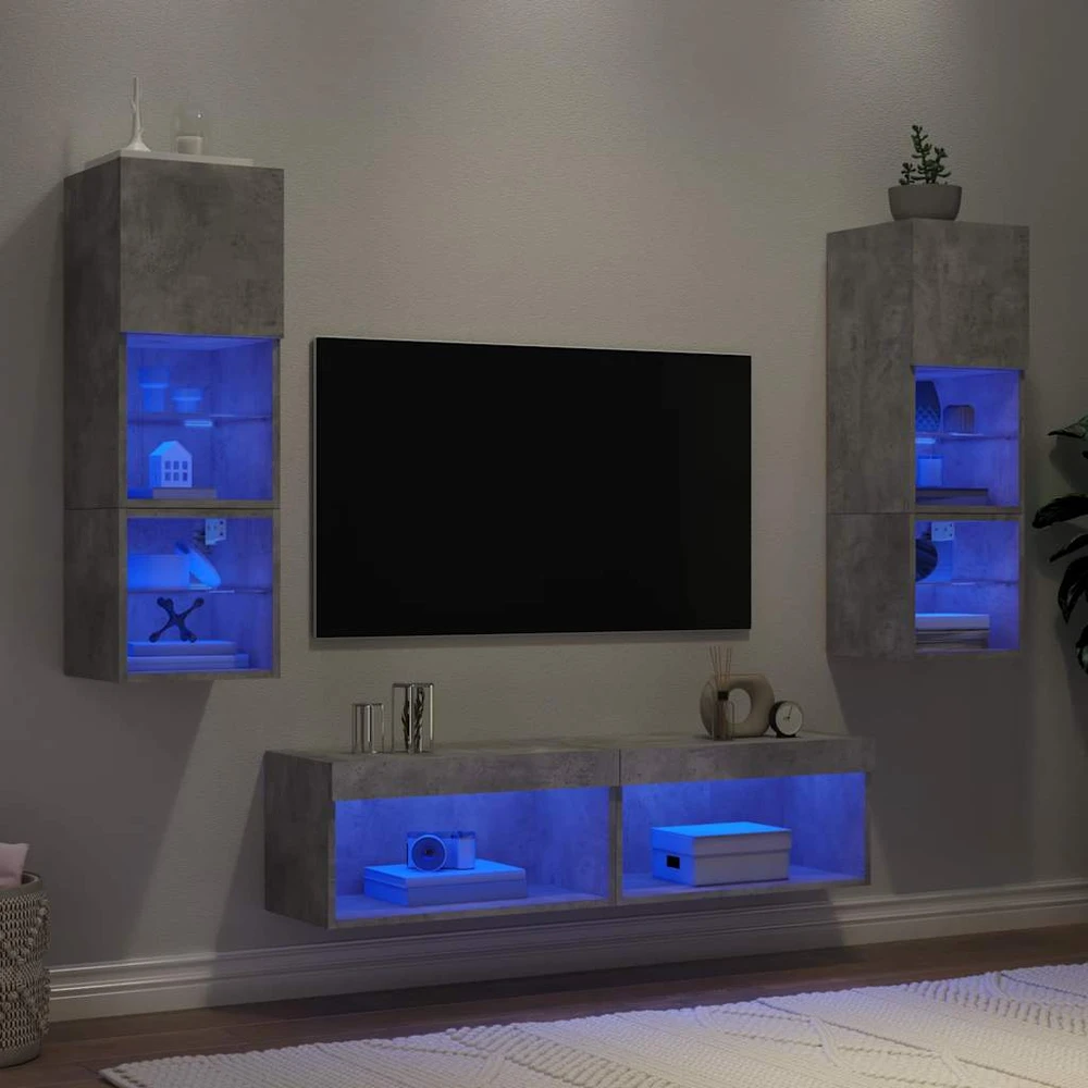 TV staliukas Sieninė TV sekcija su LED, 6 dalių, betono, apdirbta mediena