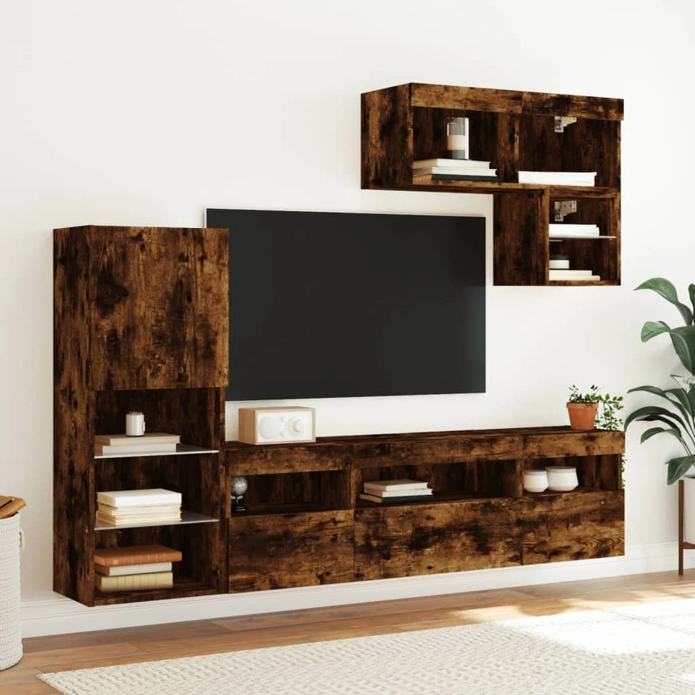 TV staliukas Sieninė TV sekcija su LED, 6 dalių, dūminio ąžuolo, mediena
