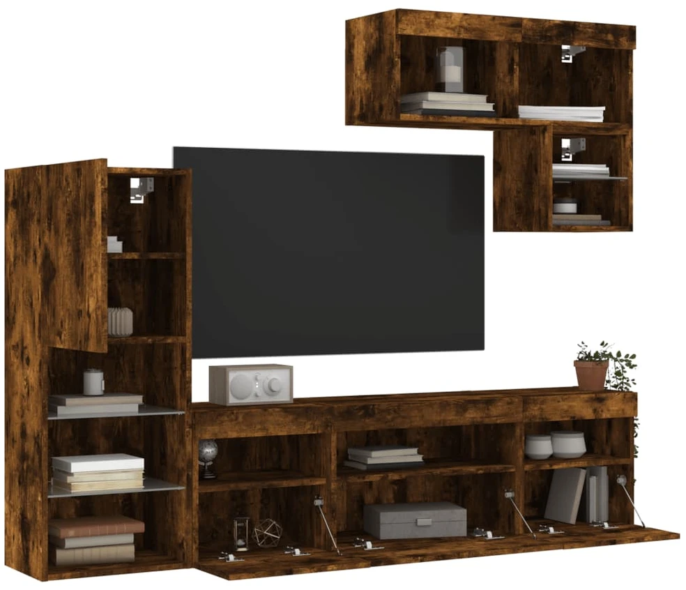 TV staliukas Sieninė TV sekcija su LED, 6 dalių, dūminio ąžuolo, mediena