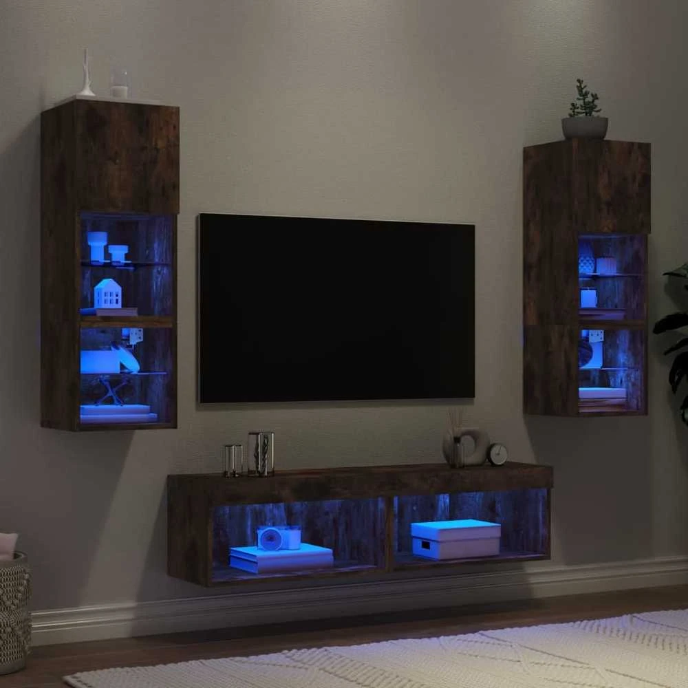 TV staliukas Sieninė TV sekcija su LED, 6 dalių, dūminio ąžuolo, mediena