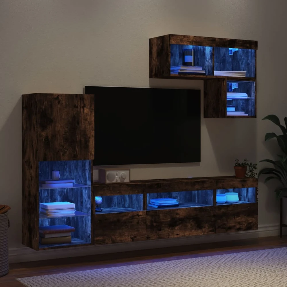 TV staliukas Sieninė TV sekcija su LED, 6 dalių, dūminio ąžuolo, mediena