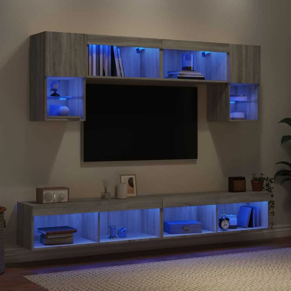 TV staliukas Sieninė TV sekcija su LED, 6 dalių, pilka ąžuolo, mediena