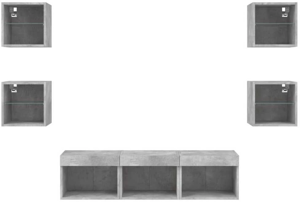 TV staliukas Sieninė TV sekcija su LED, 7 dalių, betono, apdirbta mediena