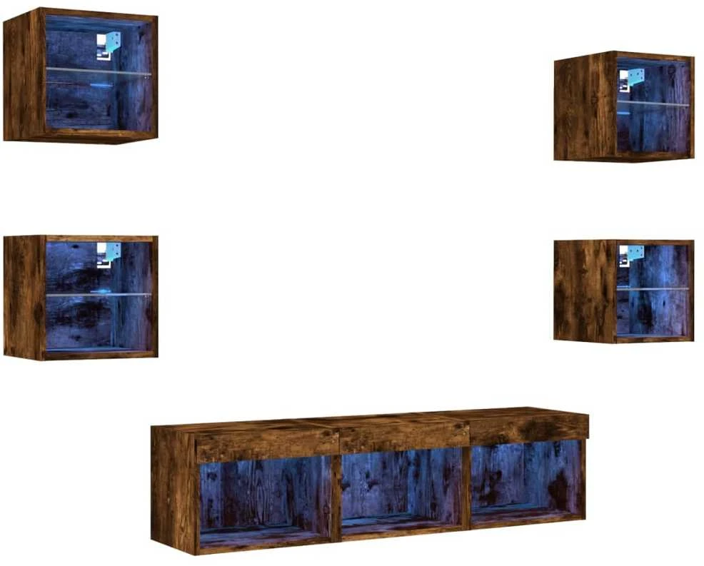 TV staliukas Sieninė TV sekcija su LED, 7 dalių, dūminio ąžuolo, mediena
