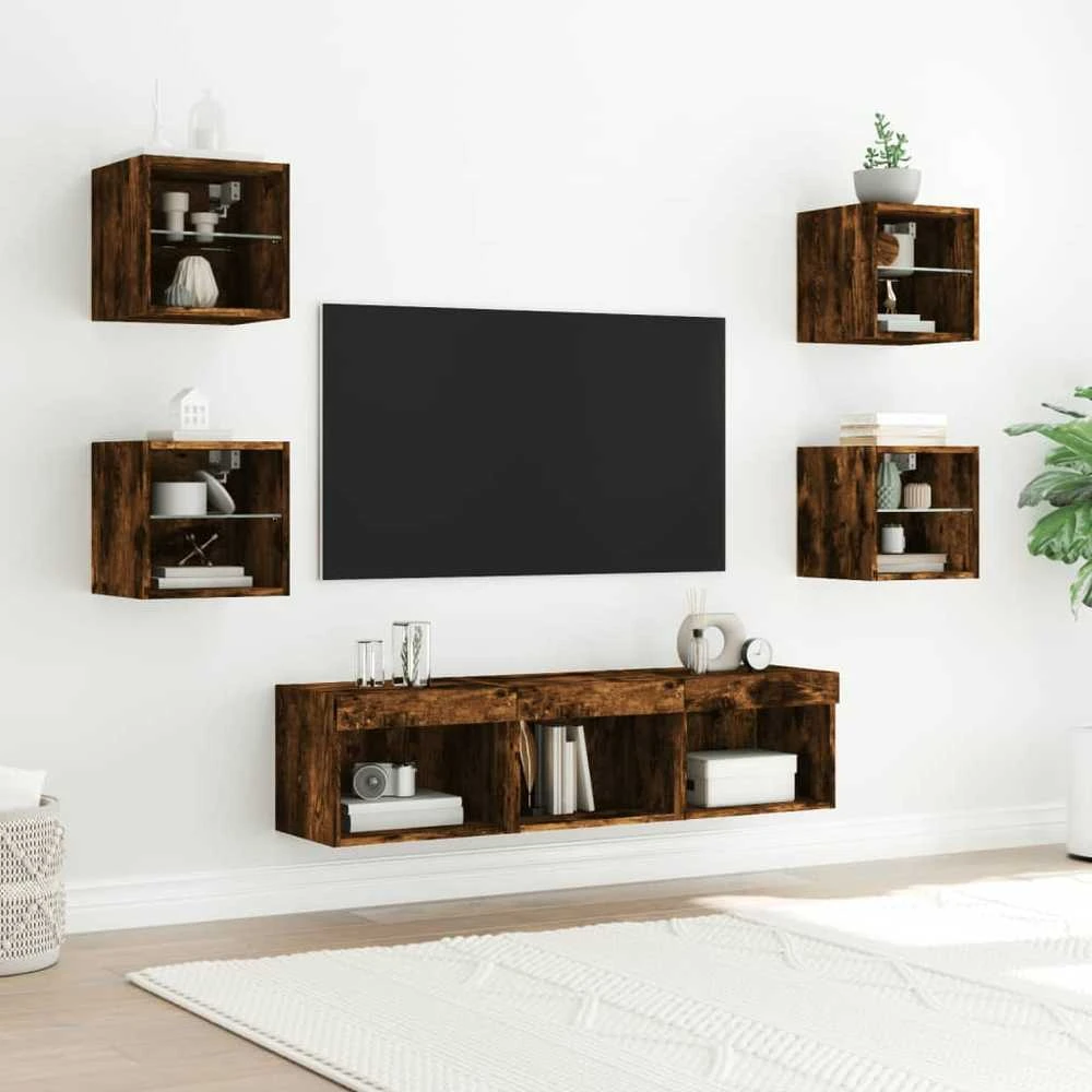 TV staliukas Sieninė TV sekcija su LED, 7 dalių, dūminio ąžuolo, mediena