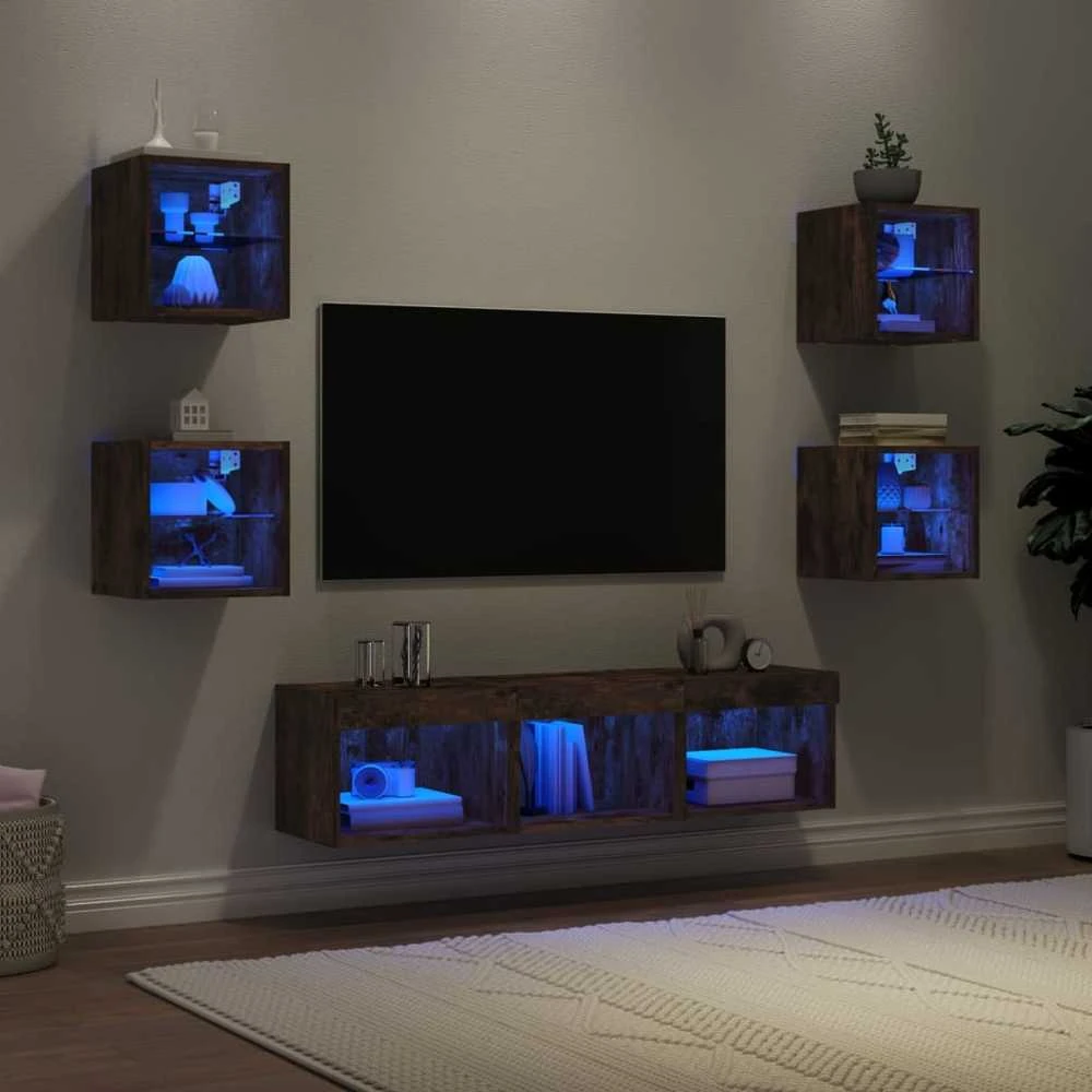 TV staliukas Sieninė TV sekcija su LED, 7 dalių, dūminio ąžuolo, mediena