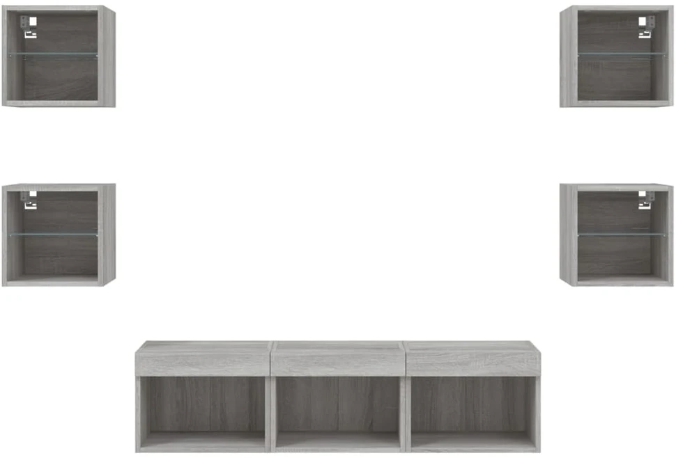 TV staliukas Sieninė TV sekcija su LED, 7 dalių, pilka ąžuolo, mediena
