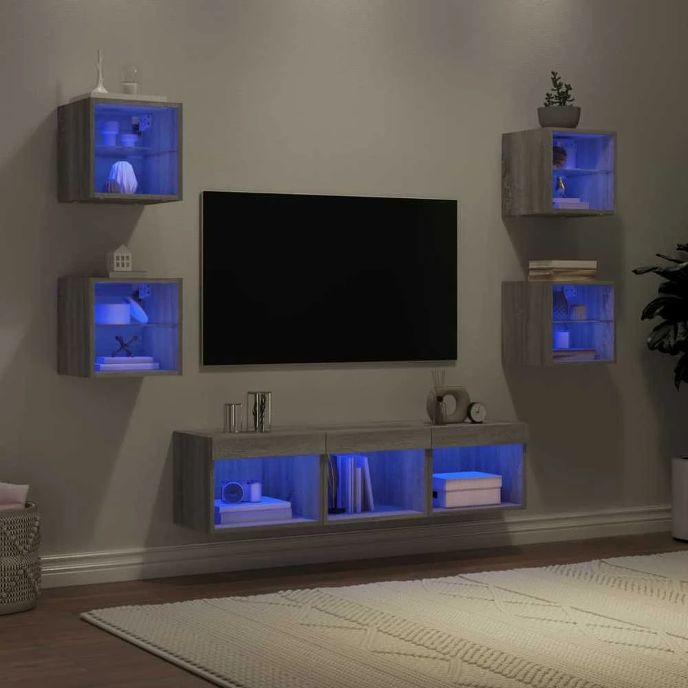 TV staliukas Sieninė TV sekcija su LED, 7 dalių, pilka ąžuolo, mediena