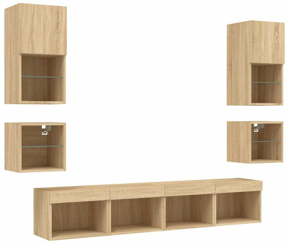 TV staliukas Sieninė TV sekcija su LED, 8 dalių, ąžuolo, apdirbta mediena