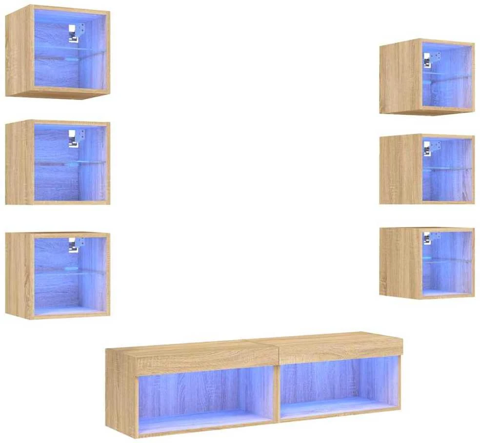 TV staliukas Sieninė TV sekcija su LED, 8 dalių, ąžuolo, apdirbta mediena