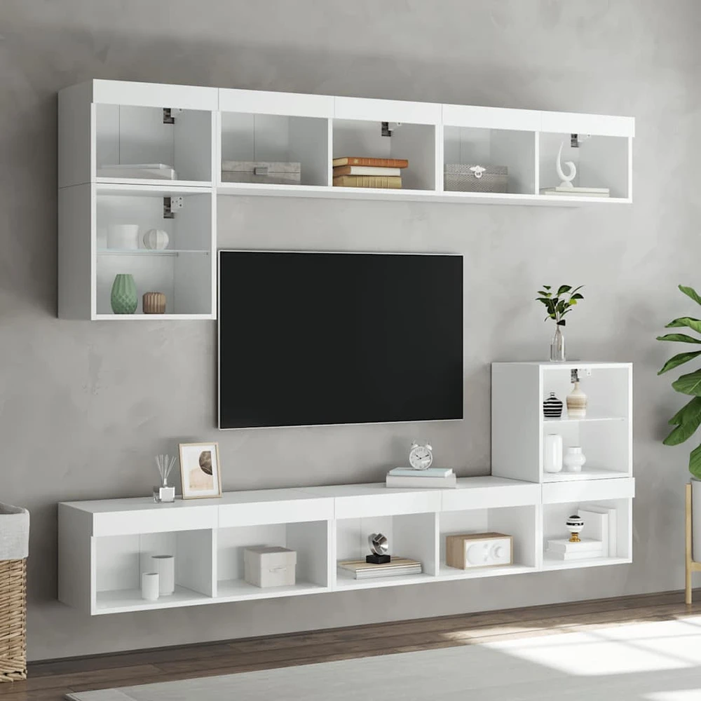 TV staliukas Sieninė TV sekcija su LED, 8 dalių, balta, apdirbta mediena