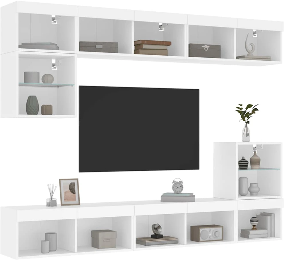 TV staliukas Sieninė TV sekcija su LED, 8 dalių, balta, apdirbta mediena